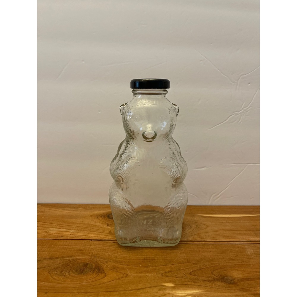 Vintage Snow Crest Beverages Salem Mass Clear Glass Teddy Bear Bottle with Lid